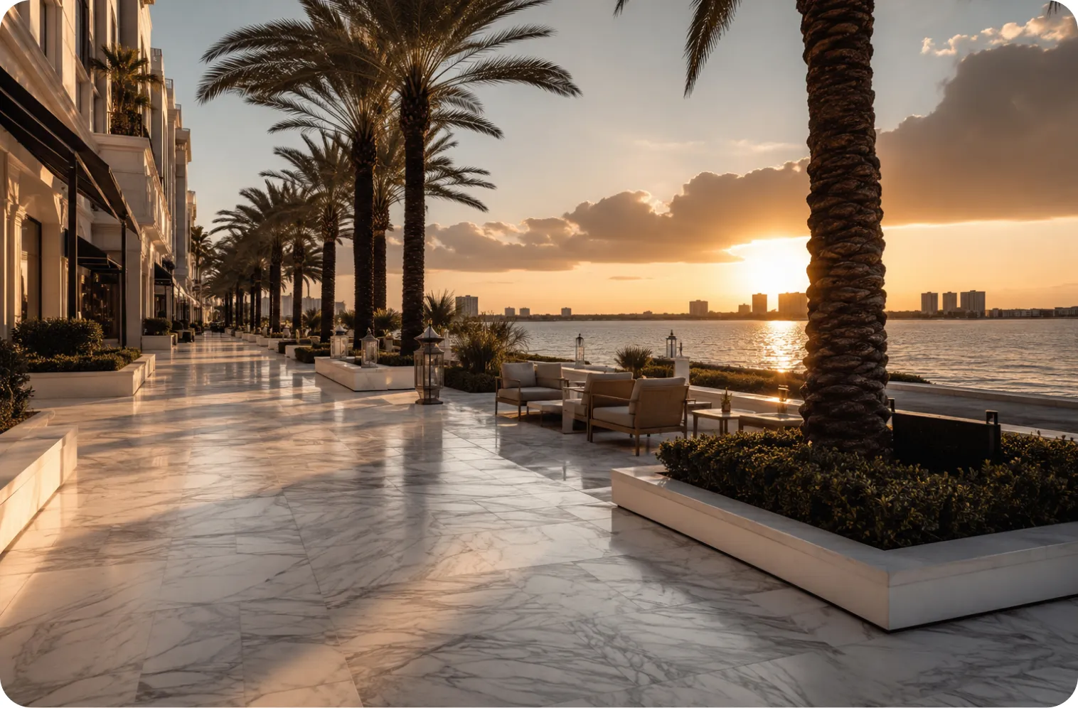 Waterfront promenade at sunset in Miami